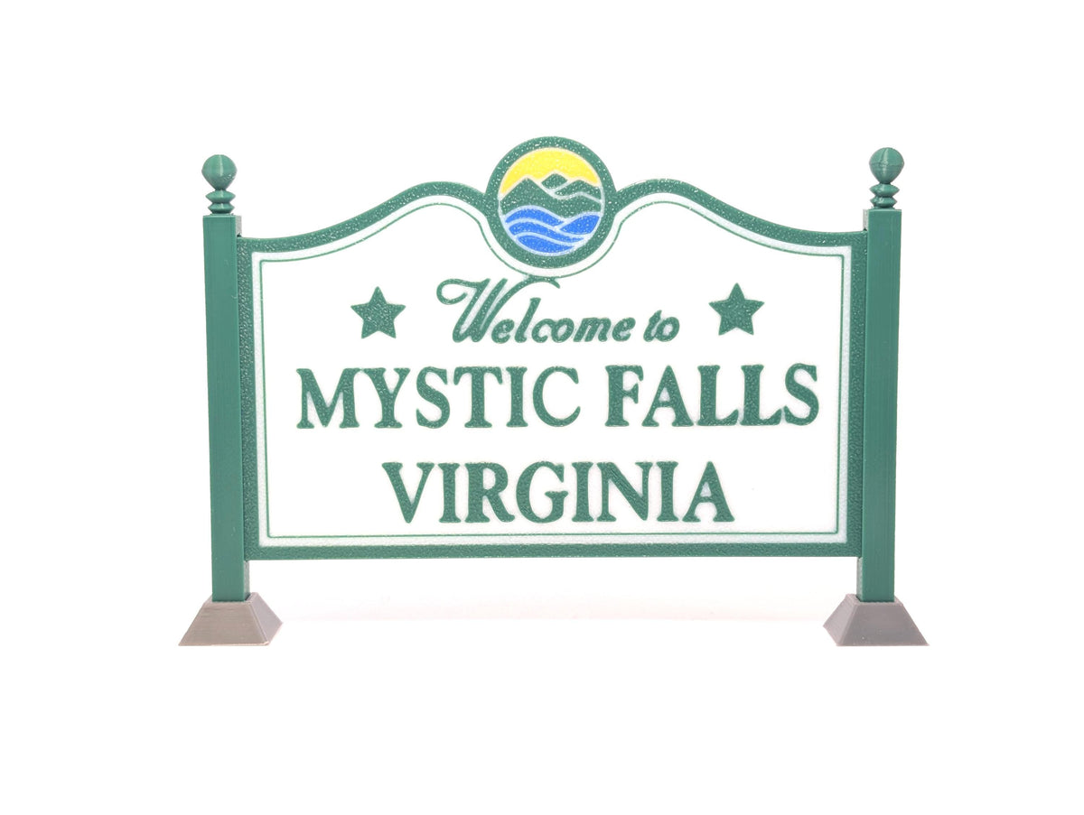 Mystic Falls Virginia Welcome Sign – side angle showing freestanding posts and feet