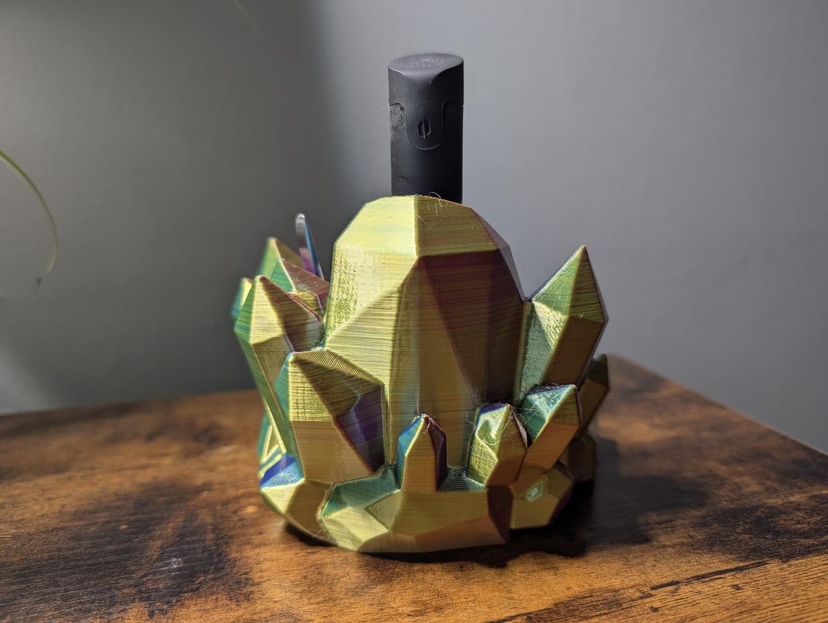 Side view of 3D printed Puffco Pivot stand showing jar recesses and stable low-profile base