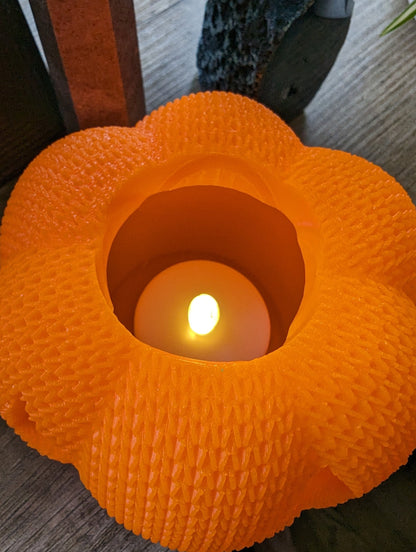 3D Printed Pumpkin with Handmade Crochet/Knit Texture - Flickering Tea Light Holder - 4"x4" - Perfect for Halloween Decor