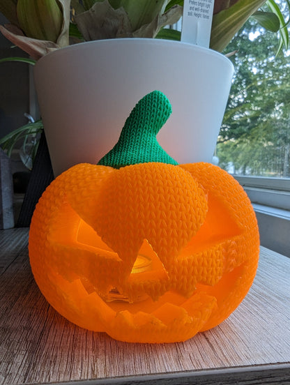 3D Printed Pumpkin with Handmade Crochet/Knit Texture - Flickering Tea Light Holder - 4"x4" - Perfect for Halloween Decor