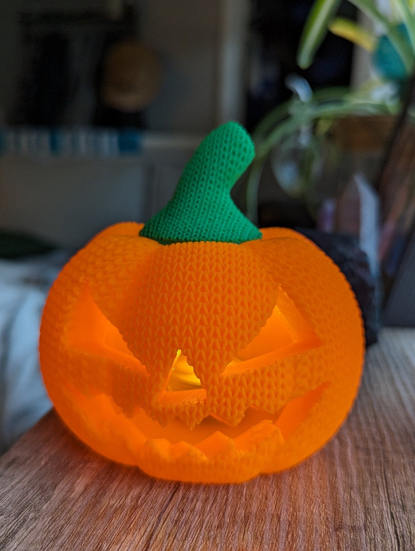 3D Printed Pumpkin with Handmade Crochet/Knit Texture - Flickering Tea Light Holder - 4"x4" - Perfect for Halloween Decor