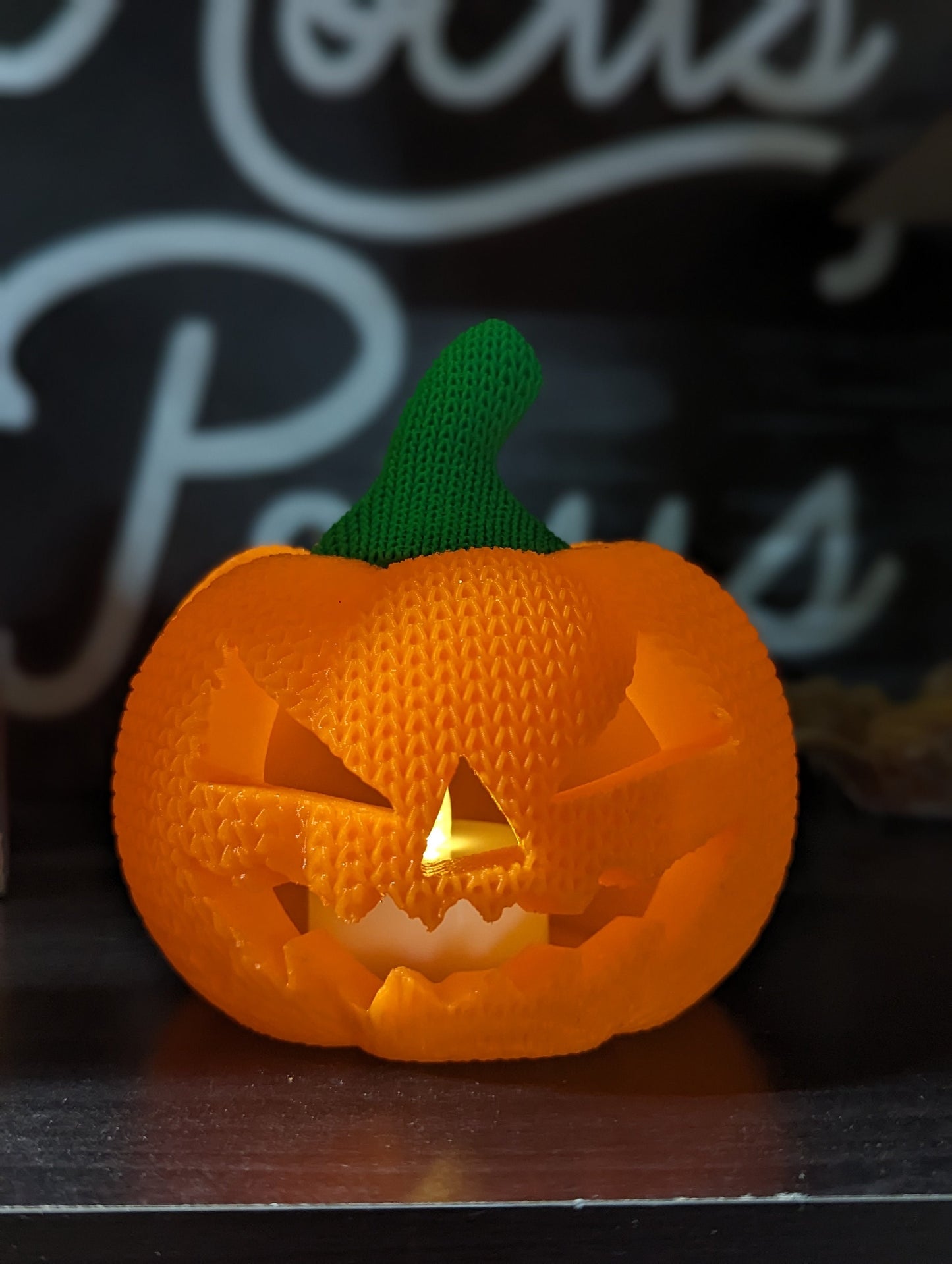 3D Printed Pumpkin with Handmade Crochet/Knit Texture - Flickering Tea Light Holder - 4"x4" - Perfect for Halloween Decor