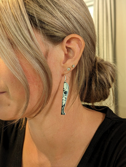 3D Printed Sterling Silver Knife-Shaped Earrings with Horror Movie Characters and  Hands